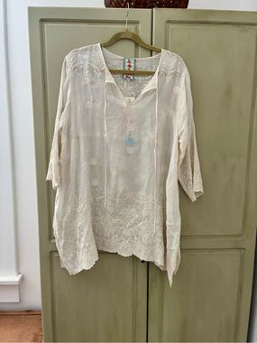 NWT JOHNNY WAS ANTIQUE LACE TUNIC TOP IN ANTIQUE WHITE SZ L